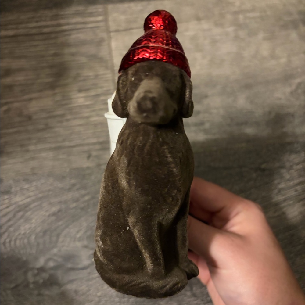 Festive Brown Dog Ornament with Red Hat